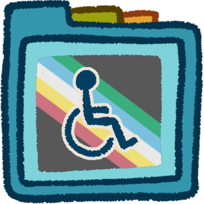 a wheelchair symbol in front of the updated disability pride flag. It's inside a teal folder that has green and orange folder tabs behind it.